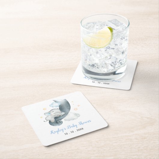 象の赤ちゃんパーソナライズされたシャワー（象の雲） スクエアペーパーコースター (インサイチュ)