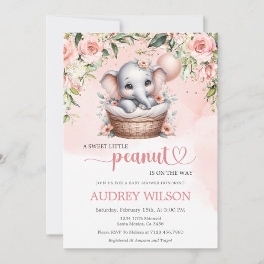 象の赤ちゃん女の子の赤ちゃんシャワーリトルピーナッツ 招待状 (正面)