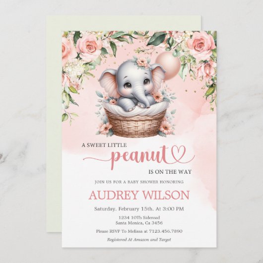 象の赤ちゃん女の子の赤ちゃんシャワーリトルピーナッツ 招待状 (正面/裏面)