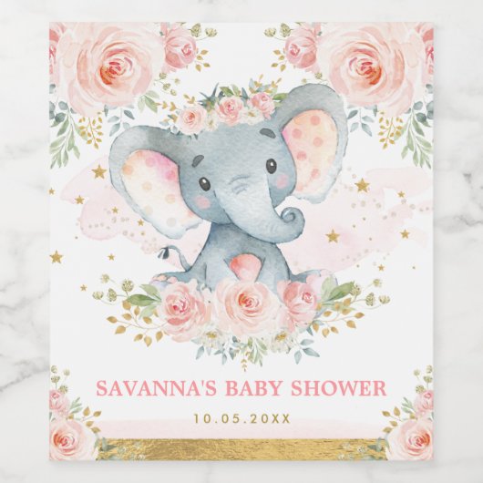 象の赤面ピンクフローラ赤ちゃんシャワーの好意 ワインラベル (シングルラベル)
