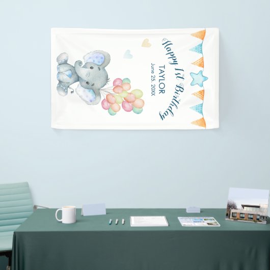象の赤面ブルースターハッピー1日目の誕生日バナー 横断幕 (トレードショー)