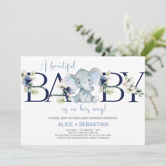 象の青いフローラの男の子のシャワーの招待。 招待状 (スタンド正面)