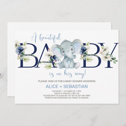象の青いフローラの男の子のシャワーの招待。 招待状 (正面/裏面)