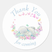 象の青い蝶の赤ちゃんシャワーありがとう ラウンドシール (正面)