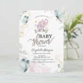 象の青い蝶ピンクの赤ちゃんシャワー 招待状 (スタンド正面)