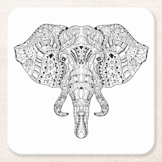 象の頭部の落書きのスケッチ スクエアペーパーコースター (正面)