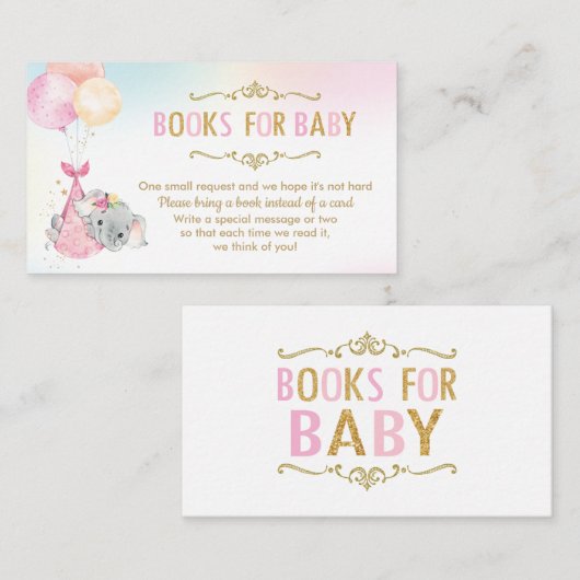 象の風船の赤ちゃんシャワー代わりに本をもたらす エンクロージャーカード (正面/裏面)