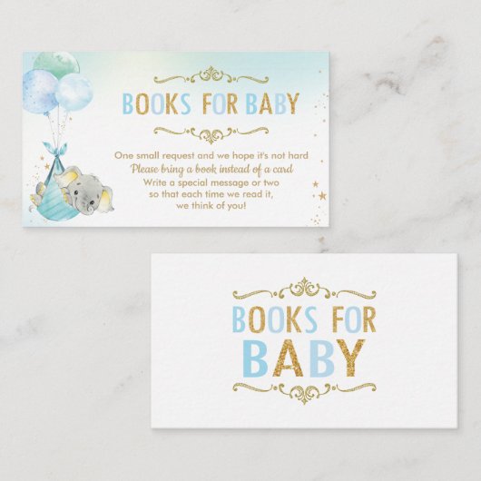 象の風船の赤ちゃんシャワー代わりに本をもたらす エンクロージャーカード (正面/裏面)
