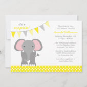 象の黄色い水玉模様の旗のベビーシャワー 招待状 (正面)
