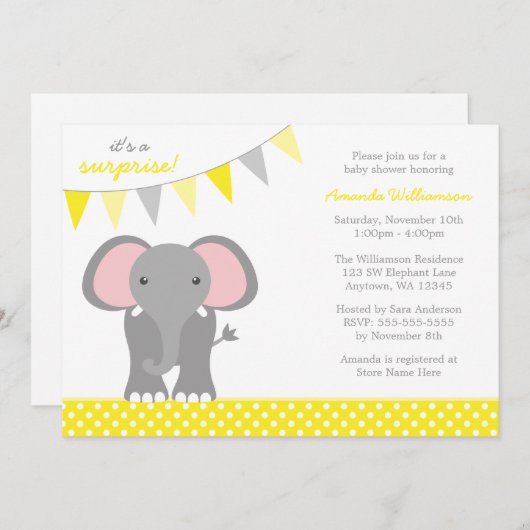象の黄色い水玉模様の旗のベビーシャワー 招待状 (正面/裏面)
