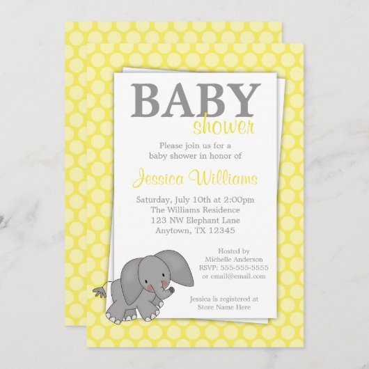 象の黄色い点のベビー男女兼用シャワー 招待状 (正面/裏面)