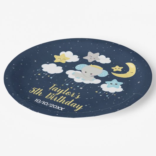 象の黄色と海軍の誕生日パーティー ペーパープレート (アングル)