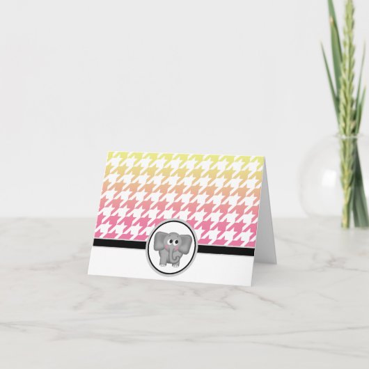象の黄色グラデーションのピンクのカ千鳥格子のード サンキューカード (正面)