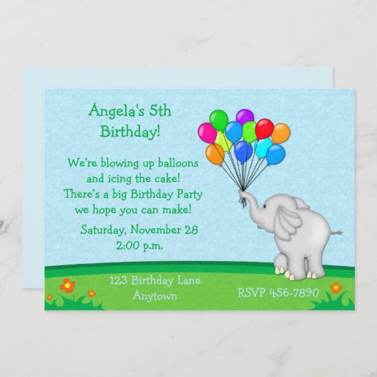 象は誕生日の招待状を風船のようにふくらませます 招待状 (正面/裏面)