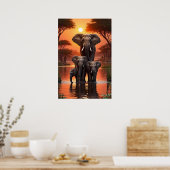 象よくはしゃぐの群れリバーバンクのポスター –  ポスター (キッチン)