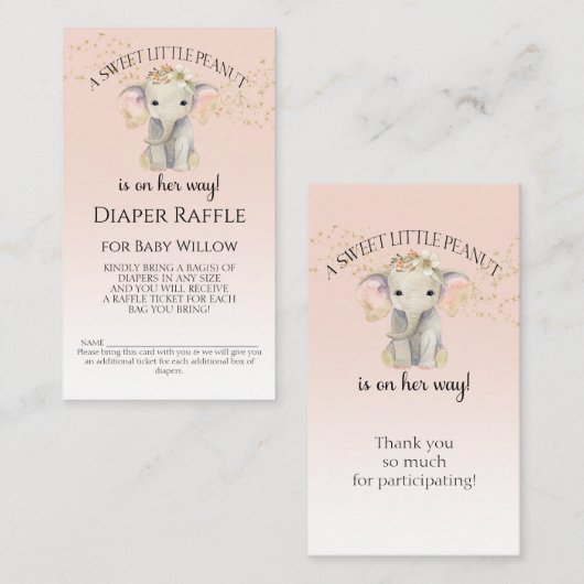 象をテーマにしたオムツラッフルベビーガールシャワー 名刺 (正面/裏面)