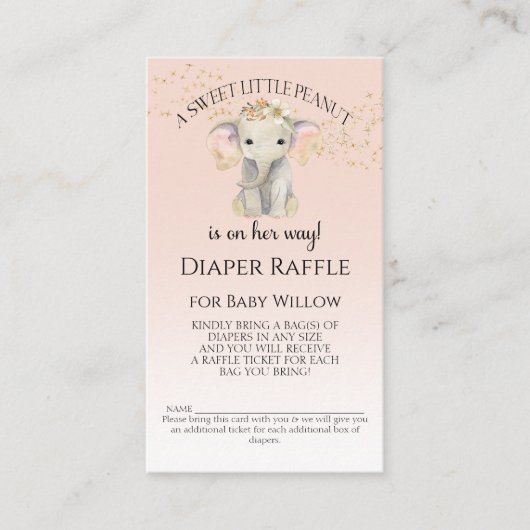 象をテーマにしたオムツラッフルベビーガールシャワー 名刺 (正面)