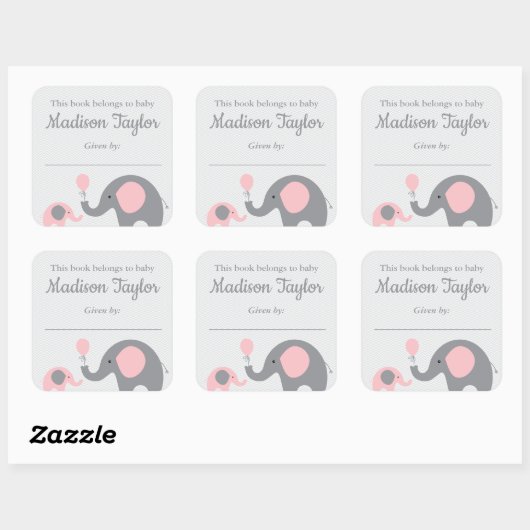 象をテーマにした蔵書票シール青い赤ちゃんシャワー スクエアシール (シート)