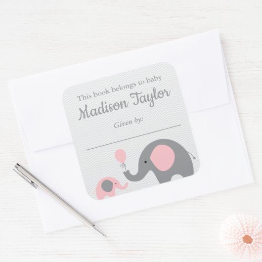 象をテーマにした蔵書票シール青い赤ちゃんシャワー スクエアシール (封筒)