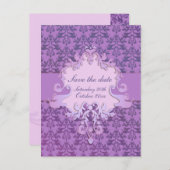 象エレガントのダマスクは日付を紫色のカードを保存 案内ポストカード (正面/裏面)