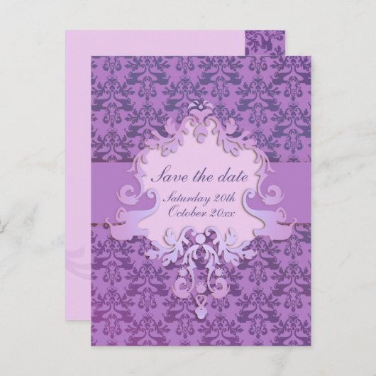 象エレガントのダマスクは日付を紫色のカードを保存 案内ポストカード (正面/裏面)