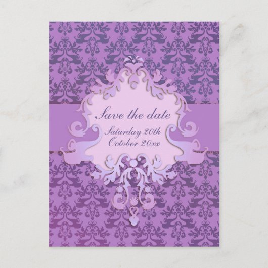 象エレガントのダマスクは日付を紫色のカードを保存 案内ポストカード (正面)
