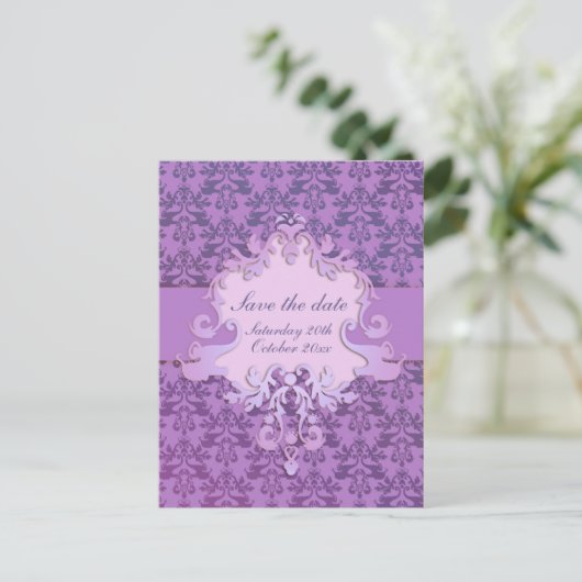 象エレガントのダマスクは日付を紫色のカードを保存 案内ポストカード (スタンド正面)