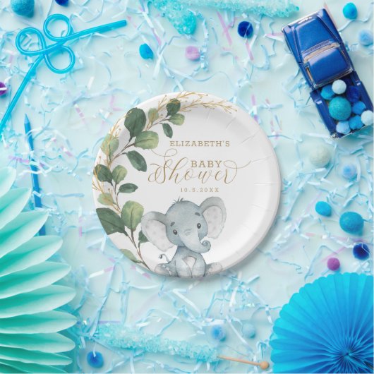 象エレガントの赤ちゃんシャワー水彩緑 ペーパープレート (パーティー)