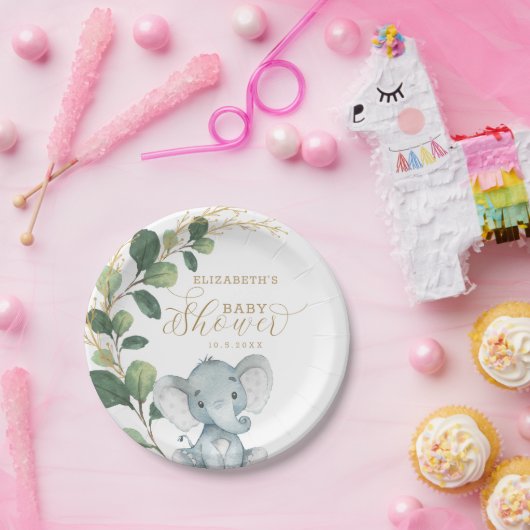 象エレガントの赤ちゃんシャワー水彩緑 ペーパープレート (パーティー)