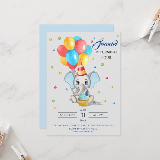 象カラフル漫画子供の誕生日招待状 招待状 (正面/裏面インサイチュ)