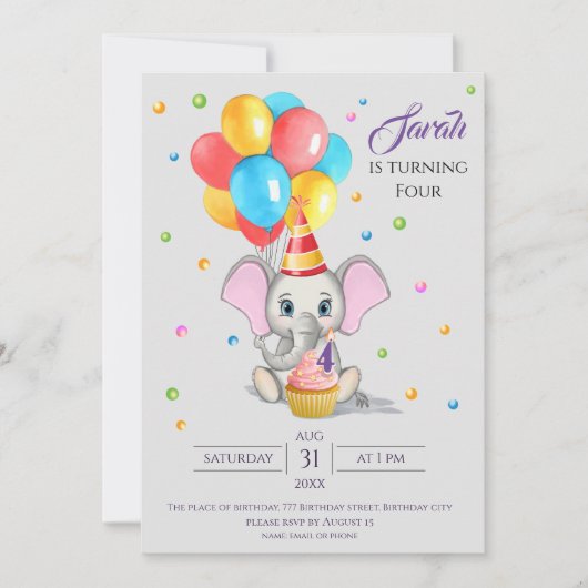 象カラフル漫画子供の誕生日招待状 招待状 (正面)