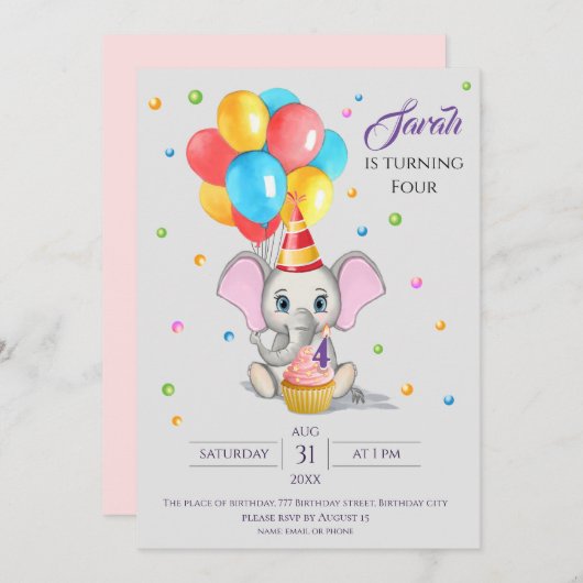 象カラフル漫画子供の誕生日招待状 招待状 (正面/裏面)