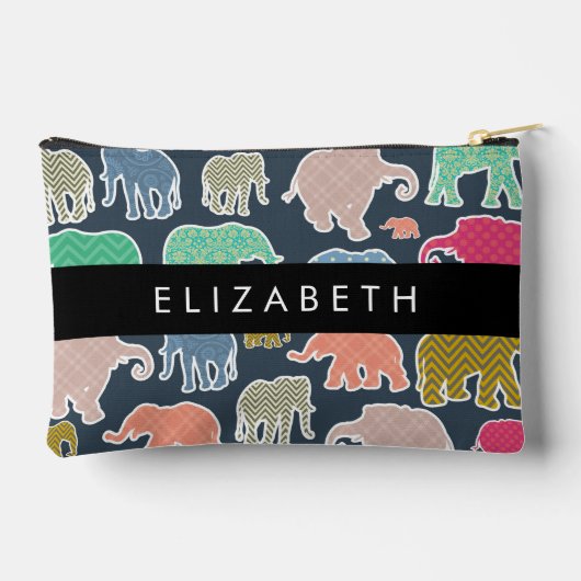 象カラフル象、象の模様、あなたの名前 アクセサリーポーチ (裏面)