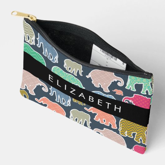 象カラフル象、象の模様、あなたの名前 アクセサリーポーチ (見開き)