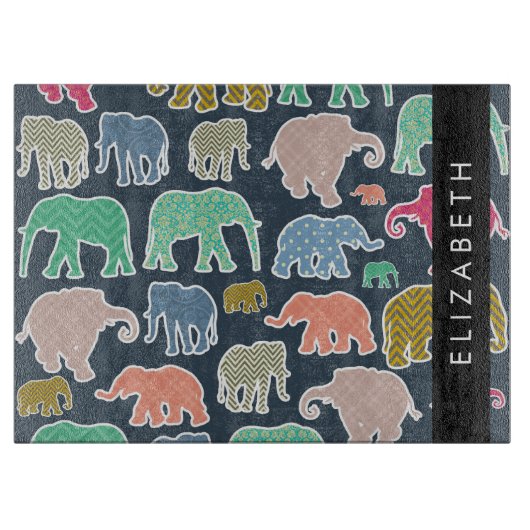 象カラフル象、象の模様、あなたの名前 カッティングボード (正面)