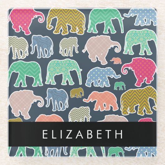 象カラフル象、象の模様、あなたの名前 ガラスコースター (正面)