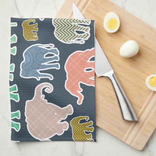 象カラフル象、象の模様、あなたの名前 キッチンタオル (四つ折り)