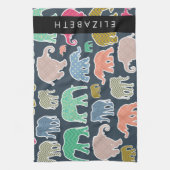 象カラフル象、象の模様、あなたの名前 キッチンタオル (縦)