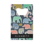 象カラフル象、象の模様、あなたの名前 クレジットカード栓抜き (正面)