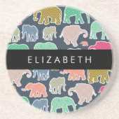 象カラフル象、象の模様、あなたの名前 コースター (正面)