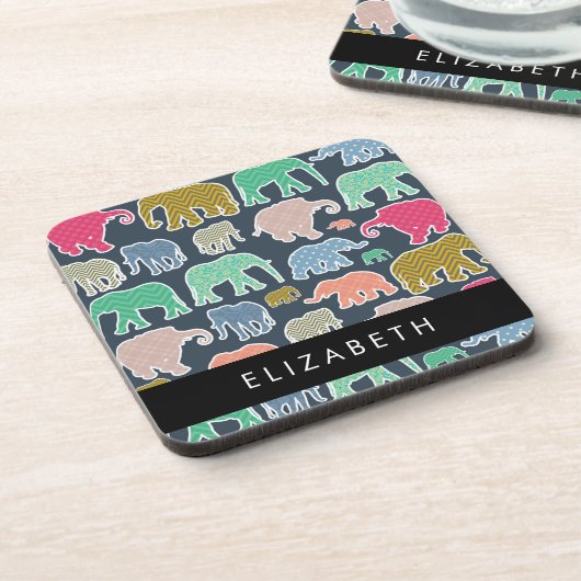 象カラフル象、象の模様、あなたの名前 コースター (左側)