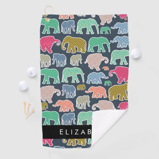 象カラフル象、象の模様、あなたの名前 ゴルフタオル (インサイチュ)