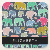 象カラフル象、象の模様、あなたの名前 スクエアペーパーコースター (正面)