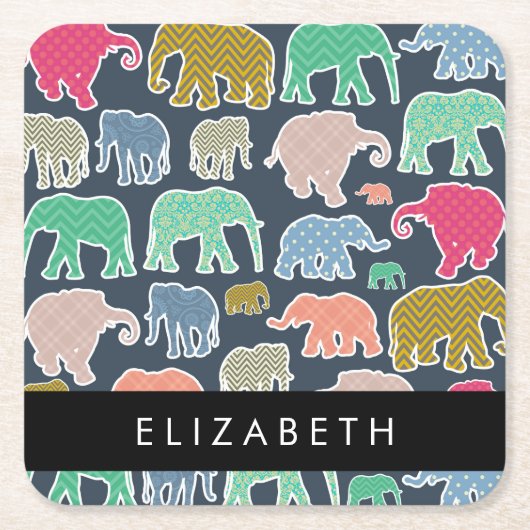 象カラフル象、象の模様、あなたの名前 スクエアペーパーコースター (正面)