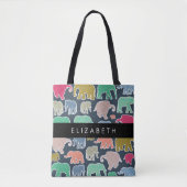 象カラフル象、象の模様、あなたの名前 トートバッグ (正面)