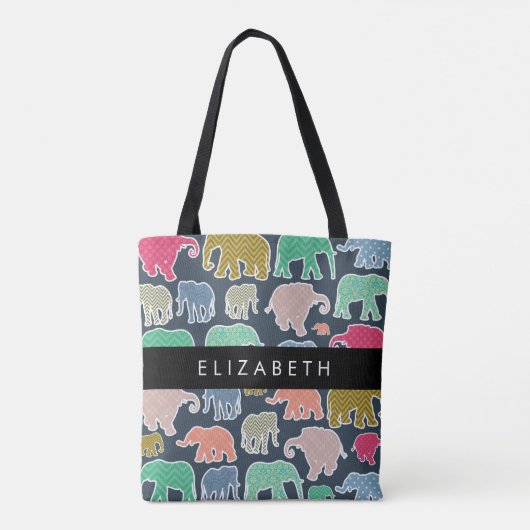 象カラフル象、象の模様、あなたの名前 トートバッグ (裏面)