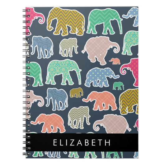 象カラフル象、象の模様、あなたの名前 ノートブック (正面)