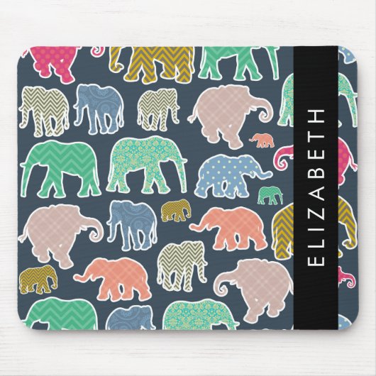 象カラフル象、象の模様、あなたの名前 マウスパッド (正面)