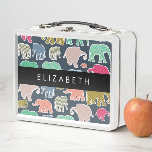 象カラフル象、象の模様、あなたの名前 メタルランチボックス (インサイチュ)