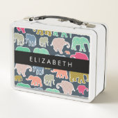 象カラフル象、象の模様、あなたの名前 メタルランチボックス (裏面)